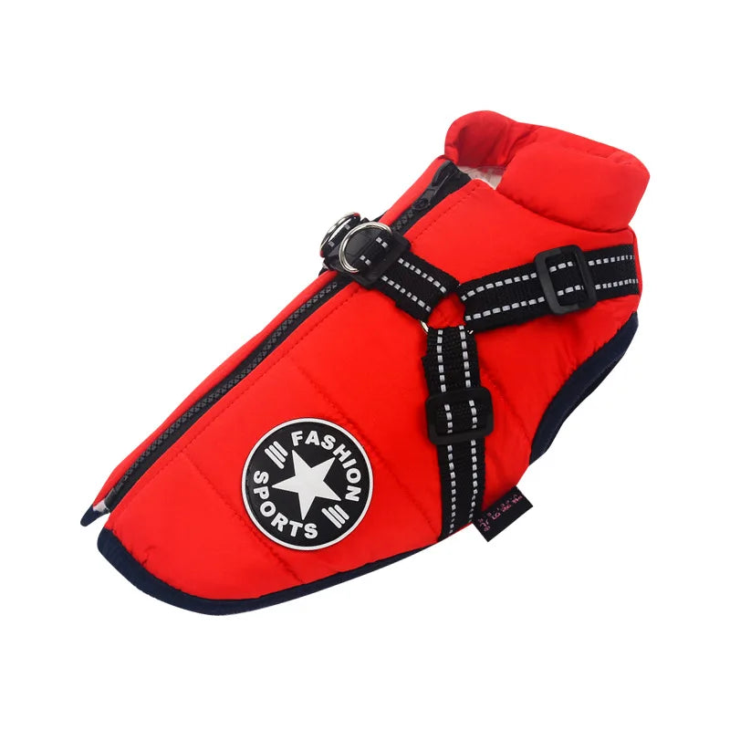 Red dog jacket with built-in harness