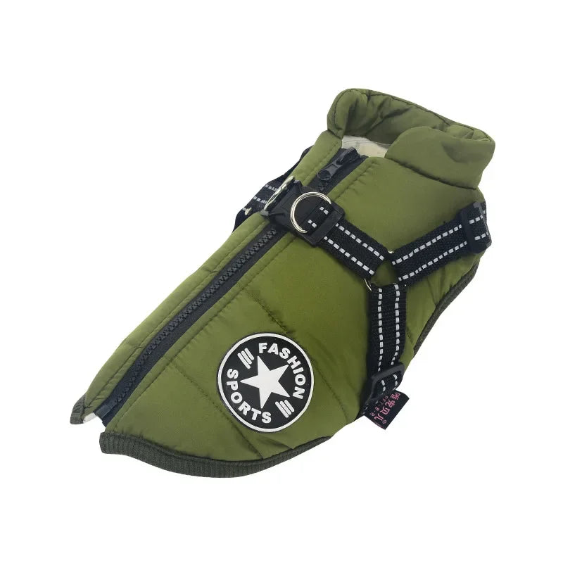 Army green dog jacket with built-in harness and reflective straps