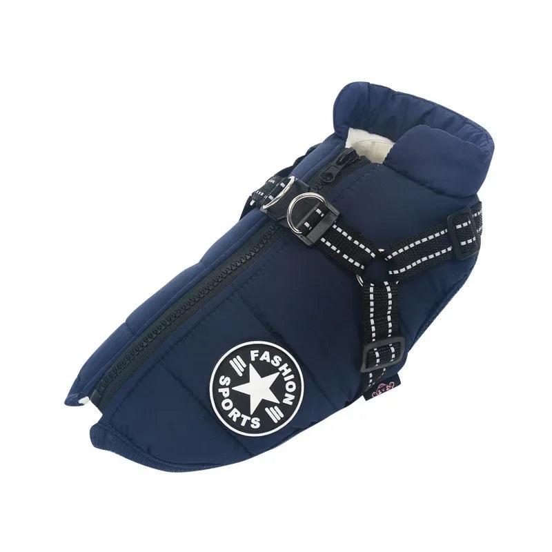 Navy blue dog jacket with built-in harness